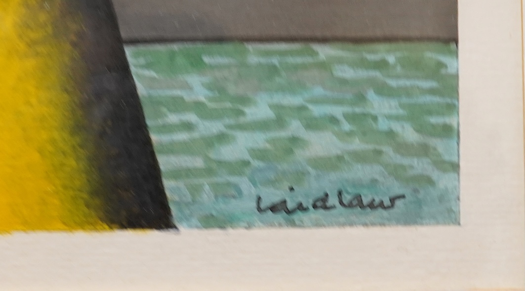 Ken Laidlaw (b.1945), Abstract composition, Figure before a street scene, signed, oil, 29 x 42cm